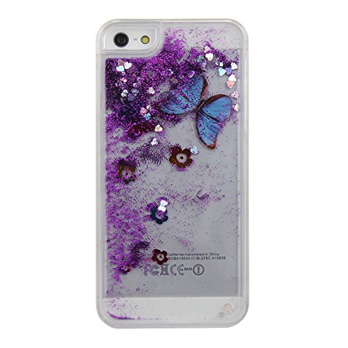 IKASEFU Case for iPhone 5/5s, Bling Case for iPhone 5/5s ,Clear Case for Iphone 5/5s, Glitter Case for iPhone 5/5s, Hard Case for iPhone 5/5s, Funny Design 3d Flowing Glitter Powder Butterfly Hard Bling Case Transparent Clear Back Cover for iPhone 5/5s(Butterfly,Purple)