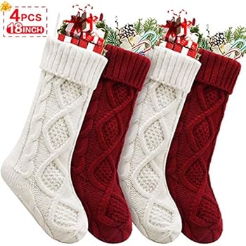 Christmas Stockings, 4 Pack Personalized Christmas Stocking 18 Inches Large Cable Knitted Stocking Decorations for Family Holiday Xmas Party Decor, Cream and Burgundy