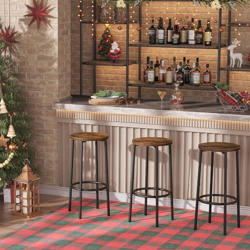 HOOBRO Round Bar Stools, Round Bar Chairs Set of 2, Kitchen High Bar Stools with Footrest, Industrial Counter Stools for Dining Room, Party, Sturdy Steel Frame, Rustic Brown EBF03BY01