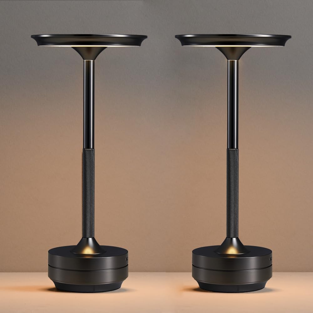 Photo 1 of 2 Pack Cordless Table Lamp, Rechargeable Portable 5000mAh Battery Powered Lamps, Outdoor Desk Lamp 3 Color Stepless Dimming, LED Touch Bedside Table Lamp for Restaurant/Bar/Kitchen/Patio (Black)