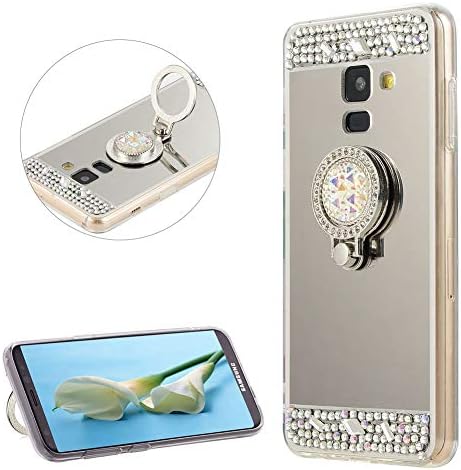 DasKAn Rhinestone Mirror Case for Samsung Galaxy A8 Plus 2018 with Metal Finger Holder Ring Stand,Crystal 3D Diamond Design Slim Soft Silicone Back Cover Flexible TPU Protective Phone Case,Silver