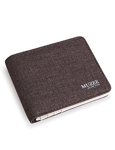 Muzee Men s Canvas Leather Wallet Small Bifold Card Holder Billfold with ID Window (Light coffee)