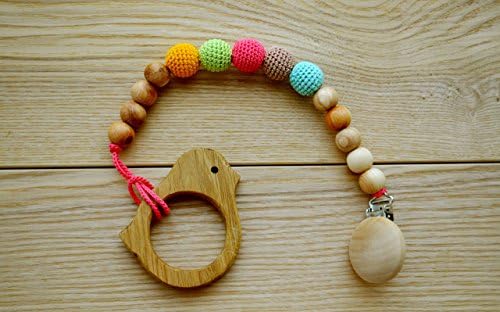 Bright Pacifier clip for baby girl, holder for teether, handmade organic toy for teething