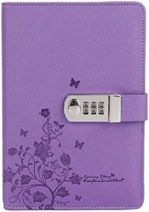 Nainaiwu PU Leather Journal Notebook Travel Diary Writing Notepad with Lock A5 Size Journal to Write in Embossed Flowers Beautiful Notepad for Girls and Boys (Purple)