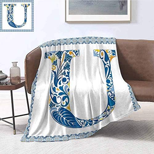 Luoiaax Letter U Luxury Special Grade Blanket Azulejo Motifs Floral Typography Retro Mosaic Tile Design Graphic Initial Multi-Purpose use for Sofas etc. W55 x L55 Inch Blue Yellow Orange