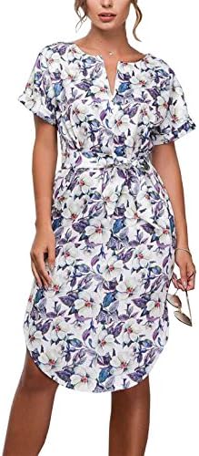 CoCo fashion Women's Casual V-Neck Floral Print Side Split Short Sleeve Belted Summer Dress (Blue, Medium)