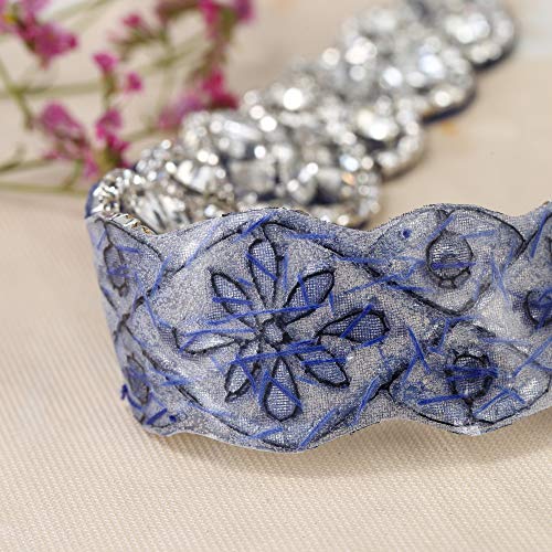 Crystal Applique with Blue Back Adhesive, FANGZHIDI Beaded Applique with Silver Rhinestone Claw- Best for DIY on Wedding Dress, Bridal Belt Sash
