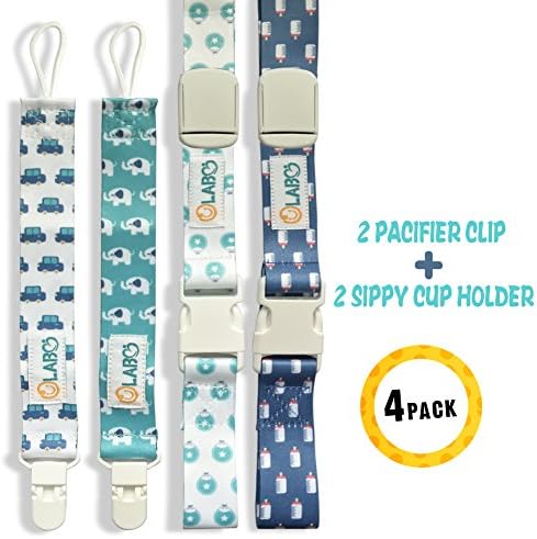 OLABB Pacifier Clip Sippy Cup Holder Strap 4 Pack Adjustable Stylish Design Universal holder Leash for Girls and Boys Baby Shower Gift Set (pacifier clips for boys)