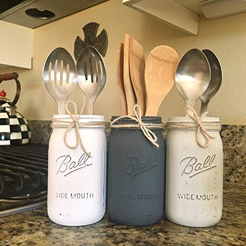 image for VivasFlowerShop Mason Jar Kitchen Utensil Set, Painted and Distressed 