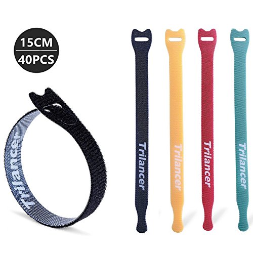 Reusable Cable Ties, Trilancer Velcro Cord Wraps, Adjustable Strap Fastener, Cable Organizer, Fastening Hook and Loop, 6 Inches, 4 Colors, 40 PCS