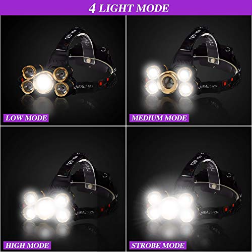 GETUHAND Super Bright USB Rechargeable Headlamp 18650,Ultra Bright 10000 Lumen Waterproof 5 LED Headlight with 2 Batteries, USB Cable, Power Adapter, Storage Bag, Magic Scarf for Outdoor & Indoor