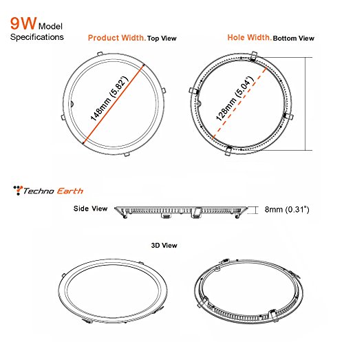 Techno Earth 09W Dimmable Round Ceiling Panel Led Ultra Thin Glare Light Kits with Led Driver AC 85-265V - Warm White