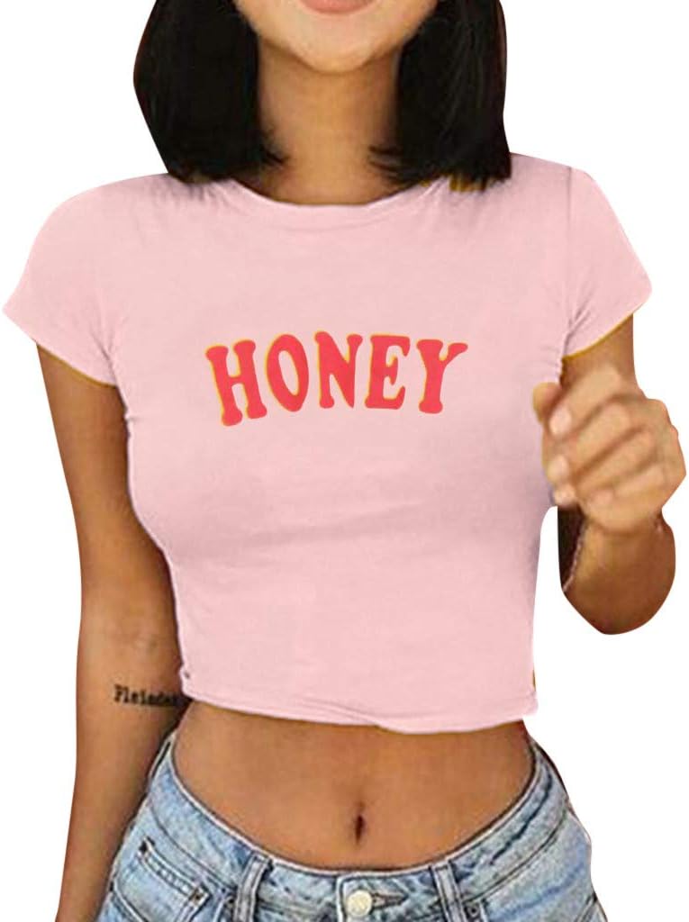 Sexy Women Honey Letter Printed Cropped Tops Tank Short Sleeve Blouse Shirt