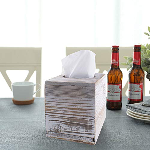 Hiyoo Square Tissue Box, Brown Cover Decorative Rustic Wood Cube Tissue Holder with Slide-Out Bottom Panel for Living Room Napkin Box Carton Paper Cube Box Office Bathroom Living Room (No Tissue)