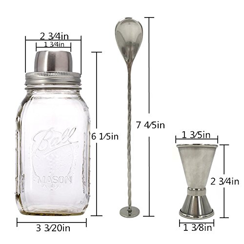 2 Piece 16 Oz Mason Jar and Stainless Steel Cocktail Shaker Set, Mason Jar Shaker Lid with Silicone Seals for Regular Mouth Mason, Ball, Canning Jars, & Stainless Steel Jigger and Muddler