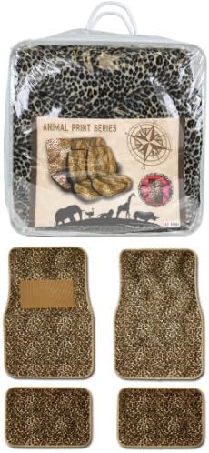 Universal Fit Automotive Gift Set Two Lowback Front Seat Covers, One Rear Bench Seat Cover, One Steering Wheel Cover, Two Shoulder Pads, and Four Floor Mats - Cheetah Tan