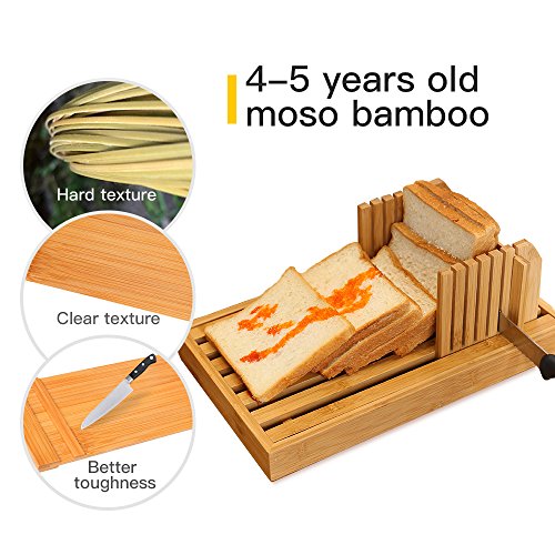 Bamboo Manual Adjustable Foldable Bread Machine Bread Slicer For Homemade Bread With Crumb Catcher Tray AND Eliminating The Generation Of Wood Chips By ISINO