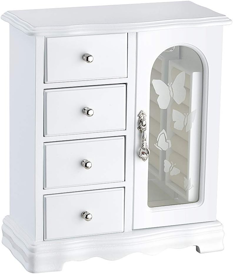Jewelry Box - Made of Solid Wood with 4 Drawers Organizer and Built-in Necklace Carousel and Large Mirror White: Home Improvement