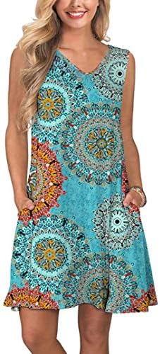 Genhoo Women Summer Casual Sleeveless Floral Printed Swing T-Shirts Dress Sundress with Pockets