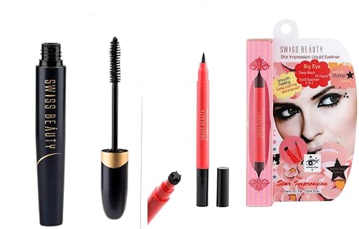 Swiss Beauty Bold Eyes Super Lash MASCARA & Jet Black Eyeliner Pen Black Water Proof Smudge Proof - Free Pen Kajal