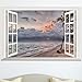 DNVEN Window Grey Dark Sky Beachside False Faux Window Frame Murals 3D Full Color Vinyl Bedroom Living Room Playrooms Wall Decals Stickers 24 inches x 16 inches
