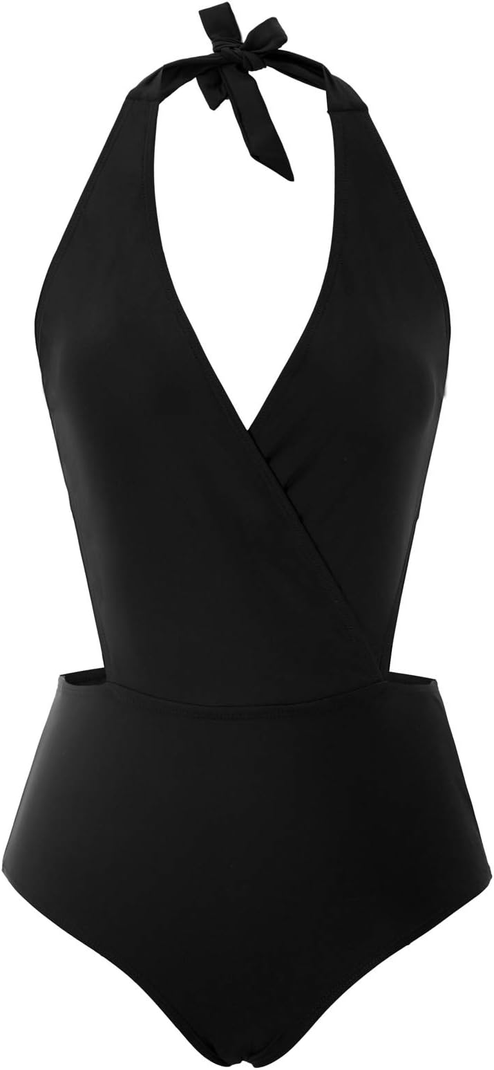 JASAMBAC Women's Halter One Piece Swimsuits Cutout V Neck Monokini Bathing Suit
