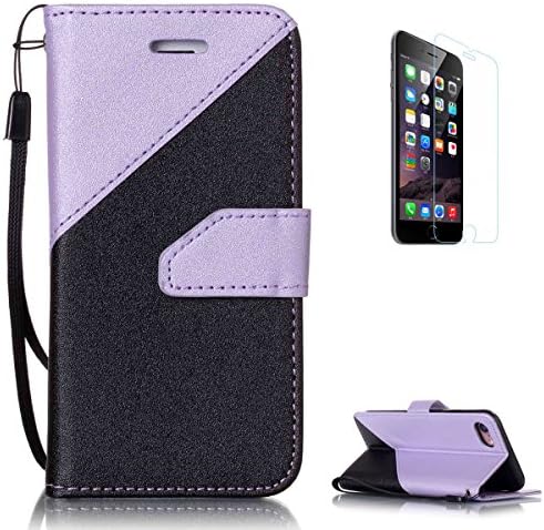 Apple iPhone 7 4.7'' Case + Free Screen Protector CasesHome Stitching Color Wallet Design with Card Slots Wrist Strap Silicone Bumper Faux PU Leather Shell[Black and Light Purple]