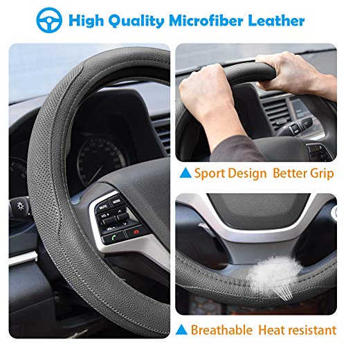 Ylife Microfiber Leather Car Steering Wheel Cover, Universal 15 inch Breathable Anti Slip Auto Steering Wheel Covers, Grey
