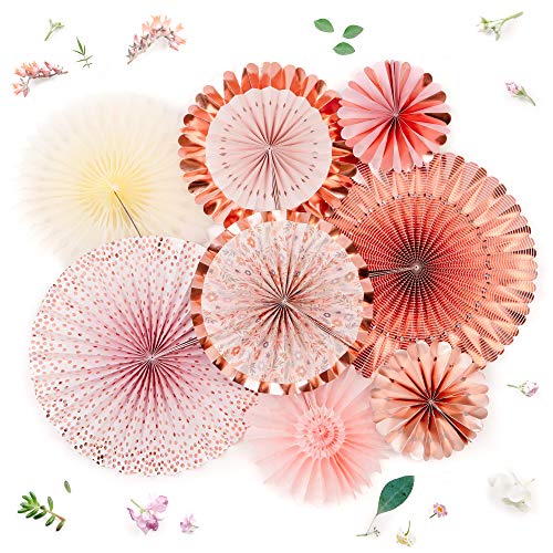 PapaKit Origami Wall Decoration Set (8 Assorted Round Paper Fans) Birthday Party Baby Shower Wedding Events Decor | Creative Art Design Pattern (Lustrous Pink Coral with Metallic Rose Gold) - Thumbnail 7
