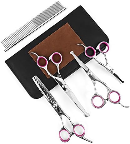 Professional Pet Grooming Scissors Bag Kit Including 4 Stainless Steel Safety Round-Tip Grooming Cutting Scissors &amp; Comb in Leather Case for Cat Dog Home Shears Trimming, Thinning &amp; Hairdressing