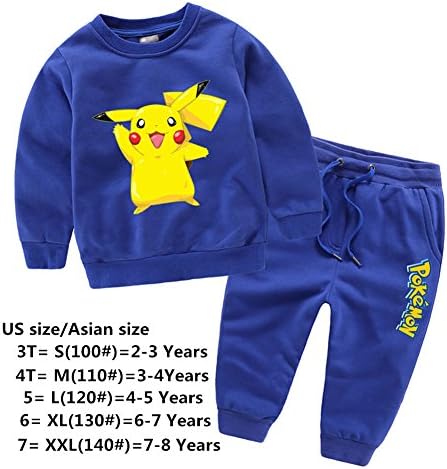 Criol Kids Boys Pokemon Pikachu Printing T-shirts Pullover Hoody Pant Set (L(120#),Blue)