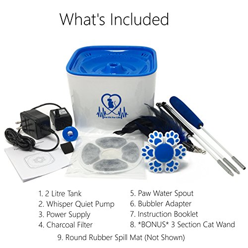 Pet Fit For Life Water Fountain Dispenser Plus Bonus Cat Wand and Mat - 2 Liter Super Quiet Automatic Water Bowl with Charcoal Filter for Dogs, Cats, Birds and Small Animals
