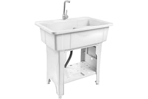 YUNLAIGOTOP Freestanding Plastic Laundry Sink with Washboard, Indoor Outdoor Utility Sink with Cold and Hot Water Faucet, Hoses and Drain Kit for Laundry Room, Garage, Garden (31.5×22.05×31.5 Inch)
