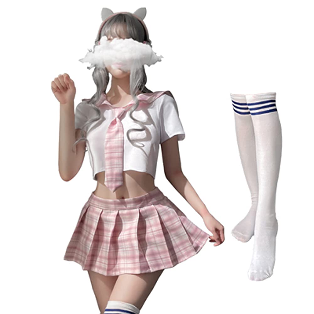 SINMIUANIME Schoolgirl Outfits Japanese Plaid Pleated Skirt JK Uniform Cosplay Lingerie (7039White Pink)