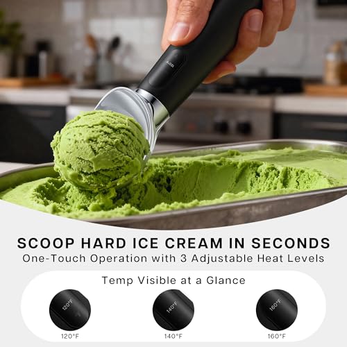 VRAIKO Heated Ice Cream Scoop | Warming Icecream Scooper with 3-Level Adjustable Heats - 120/140/160℉, LED Display, 2600mAh Capacity, Rechargeable | for Hard Ice Cream and More (Black)