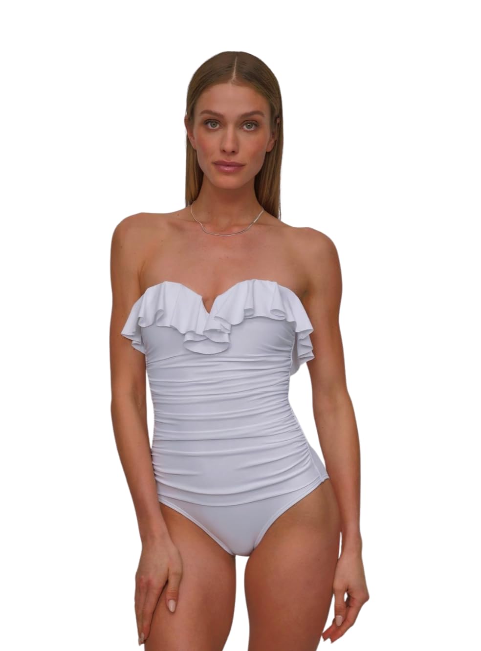 DKNY Women’s Pin-up Ruffle Bandeau One Piece Swimsuit with Tummy Control, Soft White, X-Small
