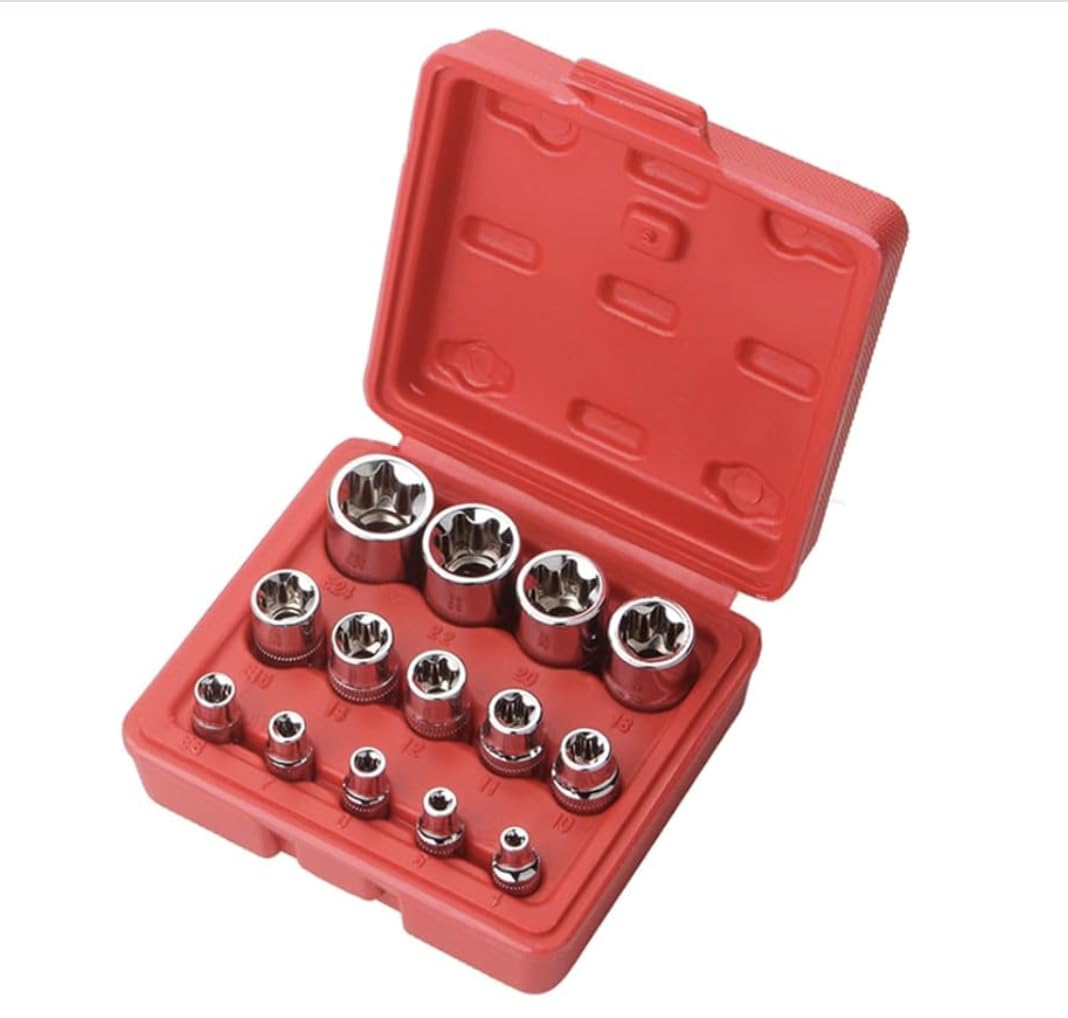 14 PCS E Torx Star Socket Set, Torque Socket Set 1/4" 3/8" 1/2" Drive External E4 - E24 Chrome Vanadium Steel Tools Kit with Case for Fasteners Removal in Motorcycle Car Vehicle