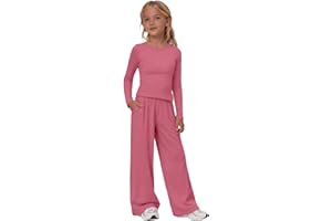 Girls 2 Piece Outfits Kids Casual Athletic Sweatsuit Teens Long Sleeve Crop Top Wide Leg Pants Tracksuit Cute Plain