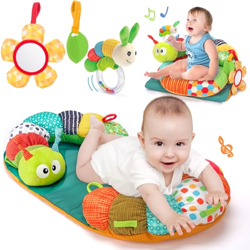 hahaland Baby Toys 0-3 6 9 Months, 4 in 1 Tummy Time & Sitting Support & Caterpillar Mat & Gym, Baby Girl with Mirror and Rattle, Sensory Toy for Newborns, Early Development