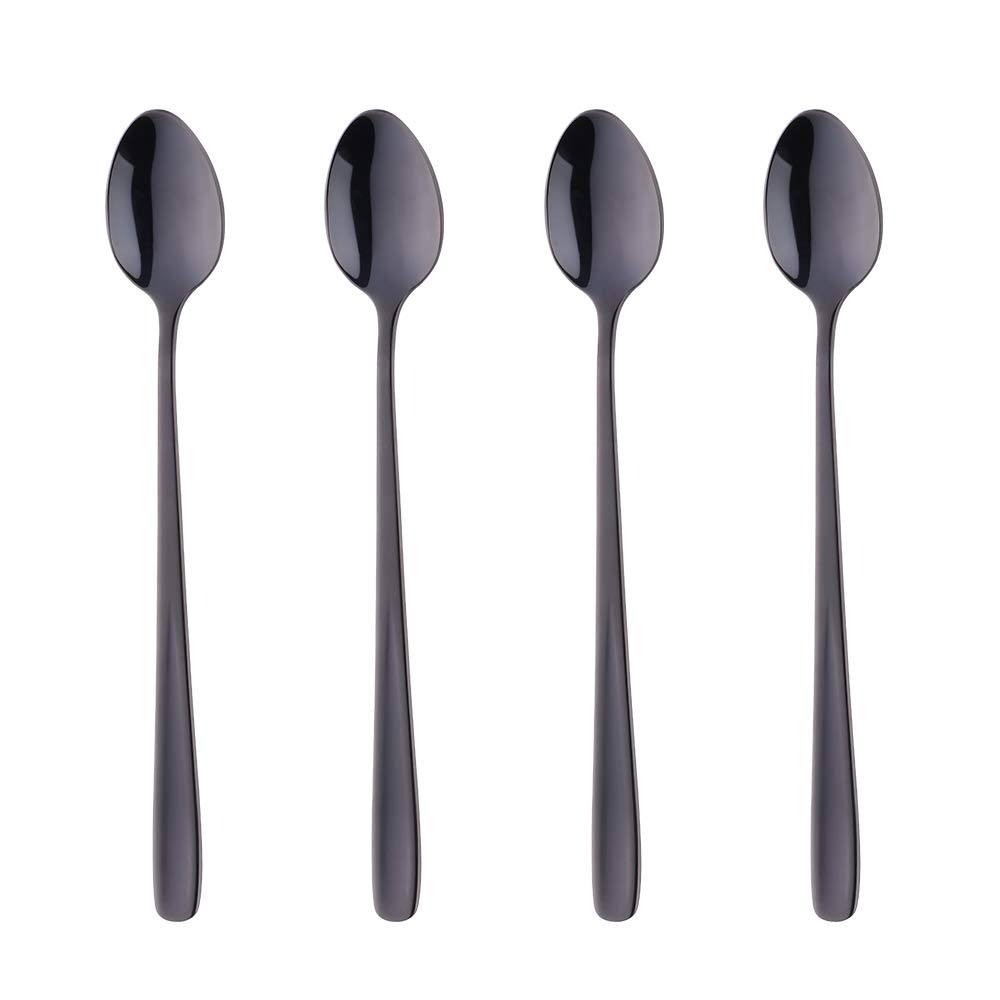 BISDARUN Latte Spoons 18/10 Stainless Steel Long Handle Dessert Spoon Sundae Spoon Set of 4 Black Cappuccino Spoons Coffee Ice Teaspoon 20 CM/7.9 Inch