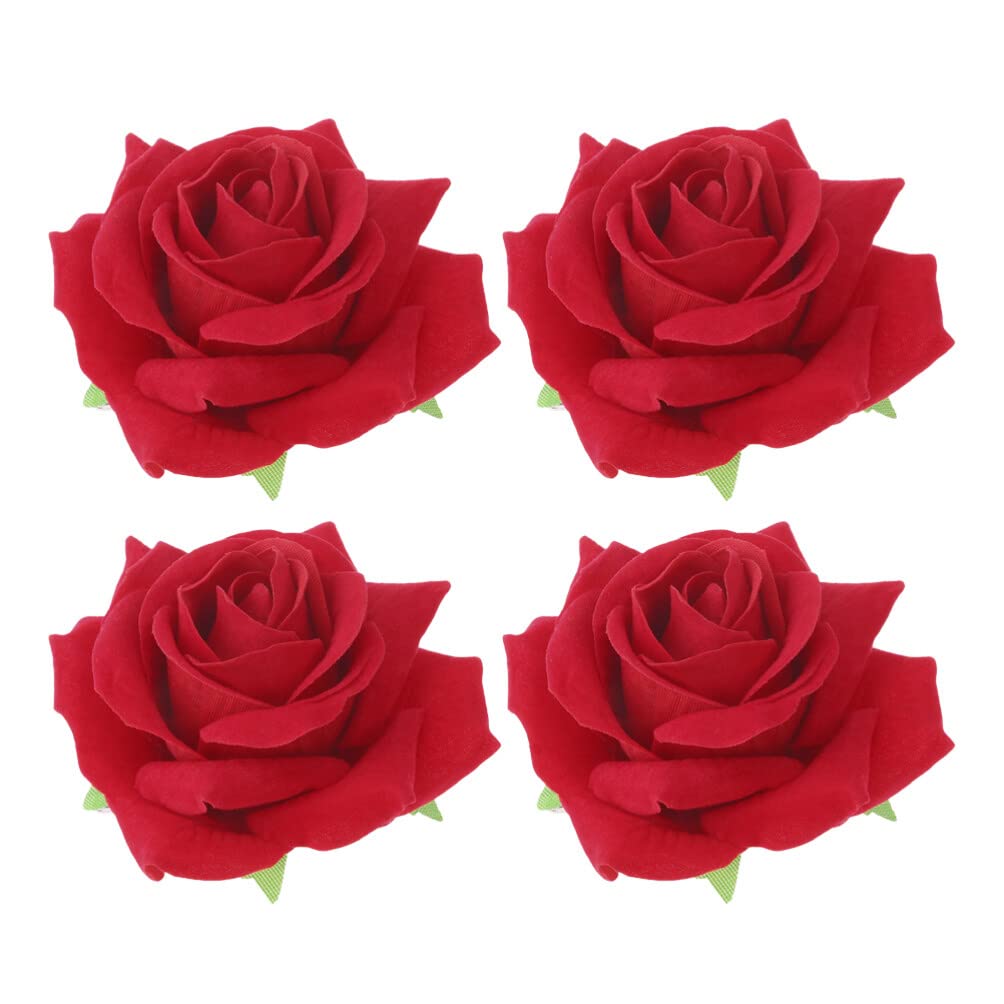 CALLARON 4Pcs Rose Hairpin Red Hair Clip 11x4cm Pins Fabric Floral Clips Floral Brooch Hair Accessories for Women(Red)