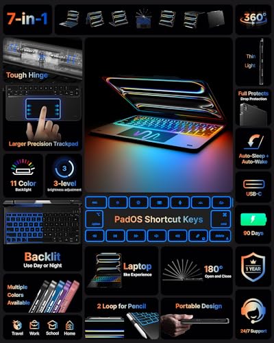 typecase Touch Case with Keyboard for iPad Pro 13"(M5/M4, 2025/2024), iPad Air 13"(M4/M3/M2, 2026/2025/2024) & iPad Pro 12.9", Trackpad, 360° Rotatable, 11-Colors Backlit, Space Black