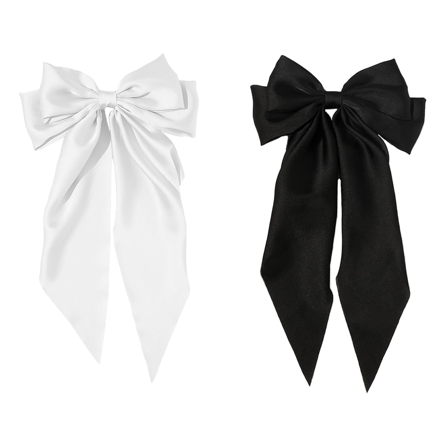 TRKETK 2 PCS Bow Hair Clips, Hair Accessories for Girls Solid Color Bowknot Hairpin French Barrette with Long Ribbon Hair Fastener Accessories Soft Satin Silky Hair Bows for Women Girls(Black+White)