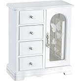 RR ROUND RICH DESIGN Jewelry Box - Made of Solid Wood with 4 Drawers Organizer and Built-in Necklace Carousel and Large Mirror White