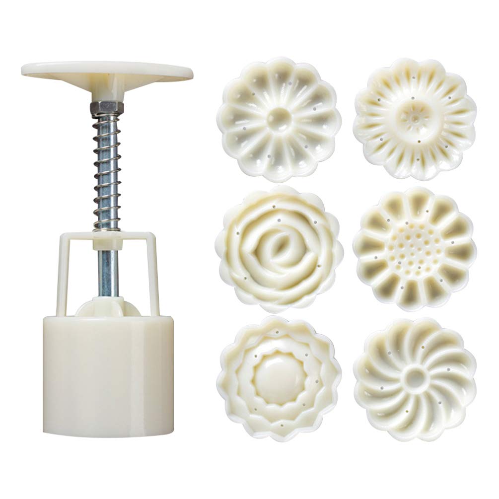 Artibetter Cookie Stamp Mooncake Shape Stamps Flowers Cookie Stamp Moon Cake Mould Stamps Piston Mid Autumn Festival Biscuits DIY Moon Cake Press Moulds 1 Set 50 g