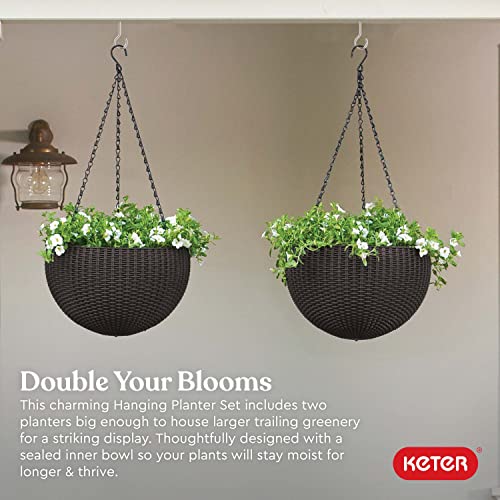 Keter Resin Rattan Set of 2 Round Hanging Planter Baskets for Indoor