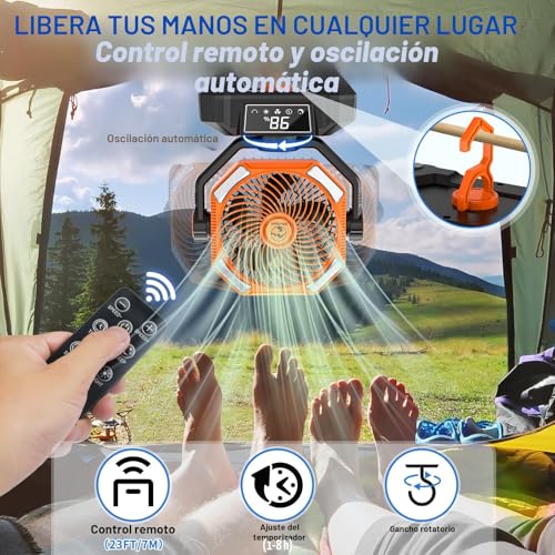 Camping Fan with LED Light, 20000mAh Rechargeable Automatic Vibration Fans for Outdoor Camping Tent with Remote, 5 Speed USB Desk Fan for Fishing, Picnic