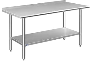 ROCKPOINT Stainless Steel Table for Prep & Work with Backsplash 60x24 Inches, NSF Metal Commercial Kitchen Table with Adjustable Under Shelf and Table Foot for Restaurant, Home and Hotel