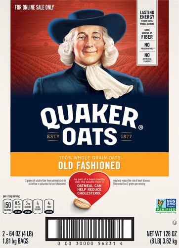QUAKER OLD FASHIONED ROLLED OATS, NON GMO PROJECT VERIFIED, TWO 64OZ BAGS IN BOX, 90 SERVINGS, 4 POUND (PACK OF 2)