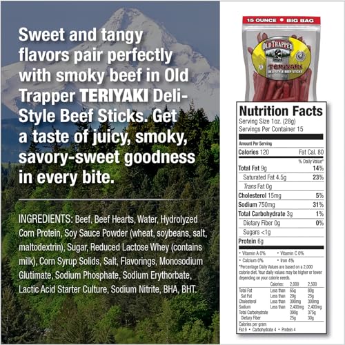 OLD TRAPPER DELI-STYLE BEEF STICKS, TERIYAKI FLAVOR, 15-OUNCE PACKAGE, GREAT FOR ON-THE-GO SNACKING, SIX GRAMS OF PROTEIN AND LESS THAN ONE GRAM OF SUGAR PER SERVING (PACK OF ONE)